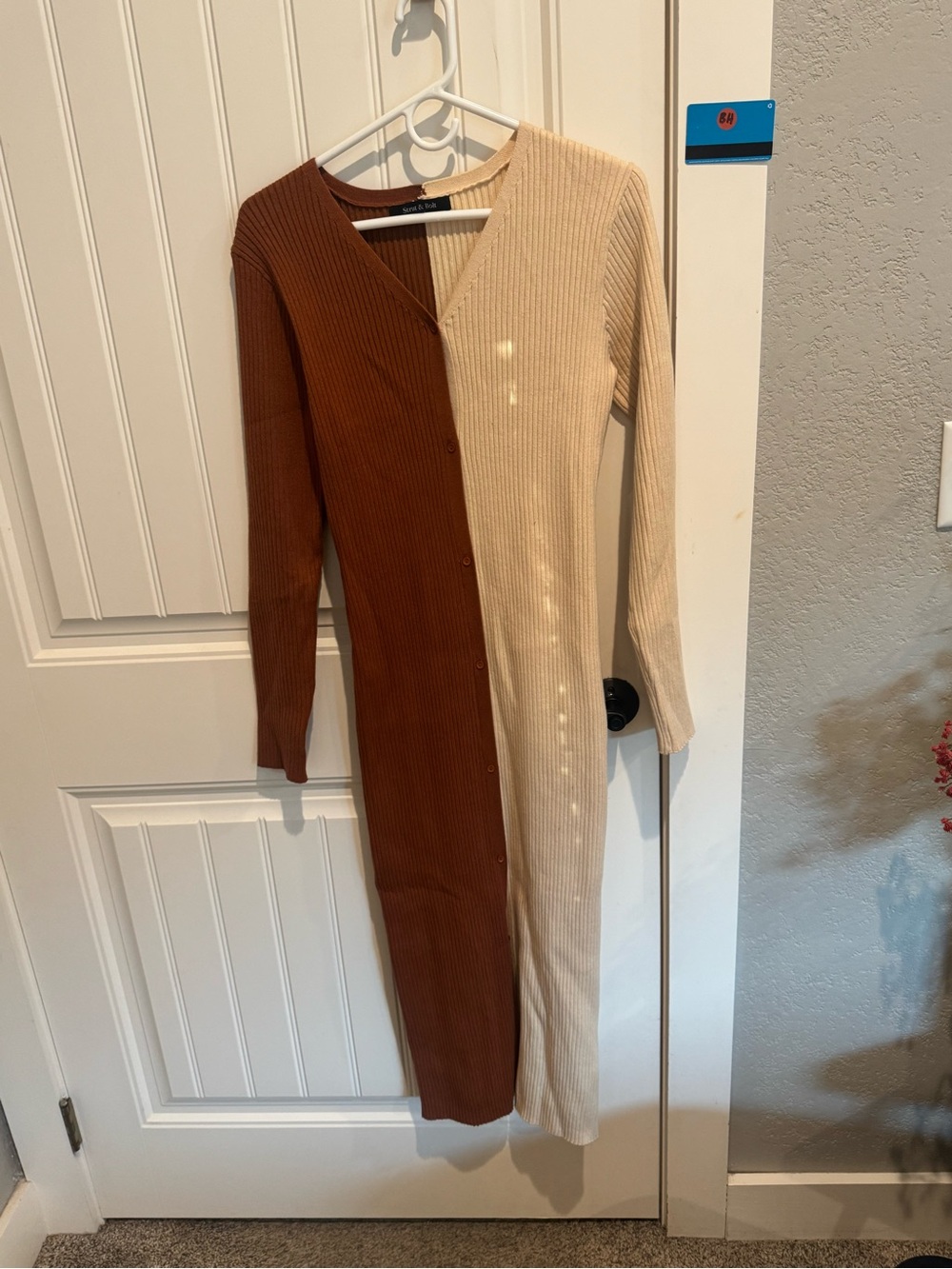 Two-Tone Ribbed Button-Front Maxi Dress in Brown & Cream